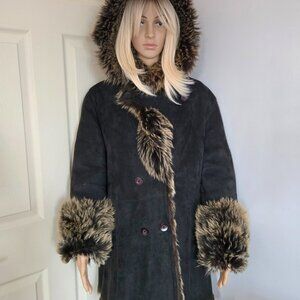 REAL SHEEPSKIN Black Shearling Suede Genuine Leather Jacket Coat Size M/40